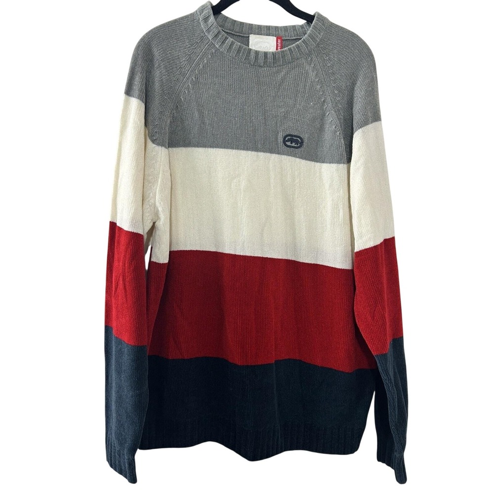 Ecko Unltd Mens XL Colorblock Striped Crewneck Sweater Rhino Logo Y2K Streetwear